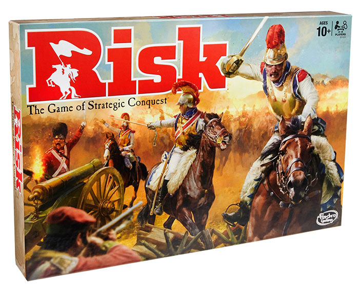 Risk board game box featuring cavalry and soldiers in a battle scene, popular for strategic gameplay nights in.