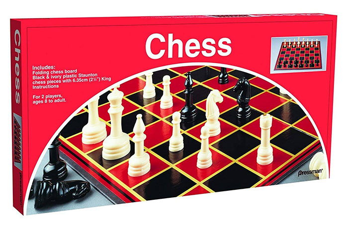 Chess board game set with folding board and Staunton pieces, ideal for two players on a night in.