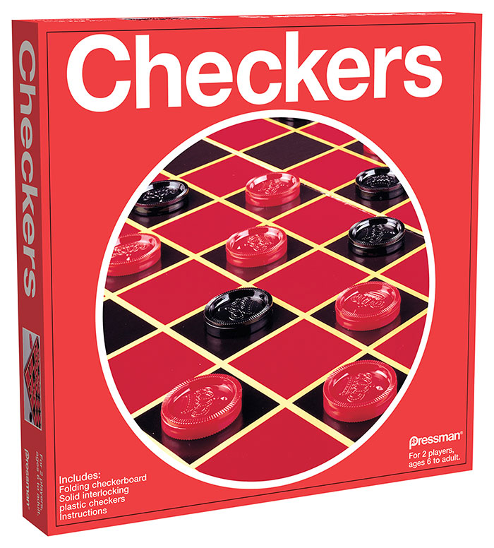 Checkers board game box showing red and black checkers on a folding board, popular for night in board games.