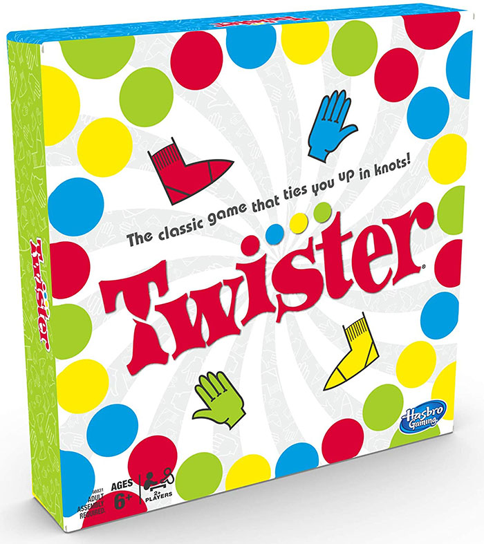 Twister board game box with colorful dots and hand and foot illustrations for best board games night in.