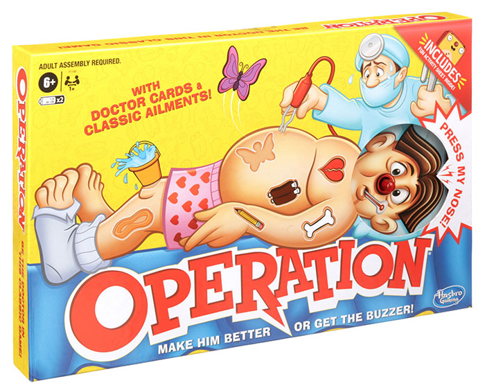 Operation board game box showing cartoon patient with ailments and a doctor, a classic best board game for a night in.