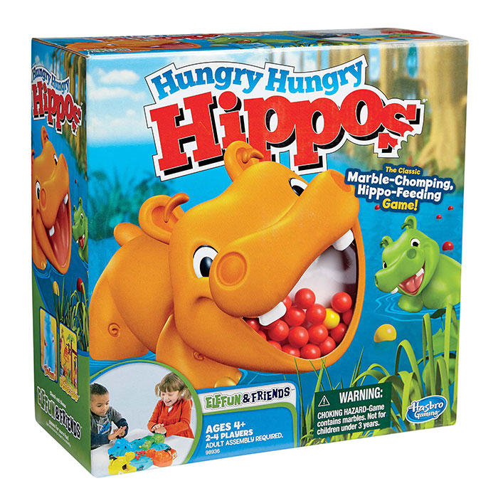 Hungry Hungry Hippos board game box showing colorful hippos and marbles for the best board games night in.