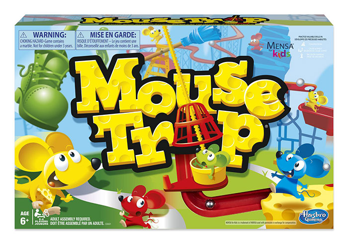 Mouse Trap board game box featuring colorful mice and game components, popular for fun board games on a night in.