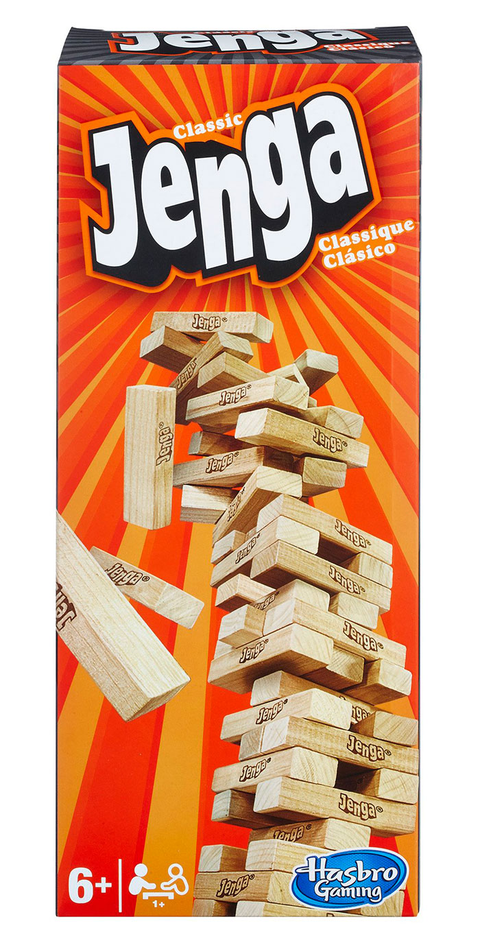 Jenga classic wooden block tower game packaging, a popular board game for a night in entertainment.