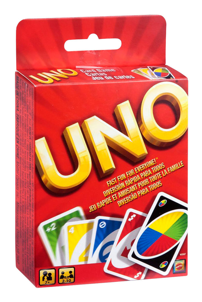 UNO card game box with colorful cards, a popular board game for a night in with family and friends.