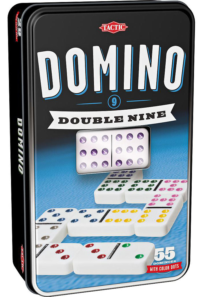 Domino board game set with colorful dots displayed on a blue surface, ideal for board games you can play on a night in.