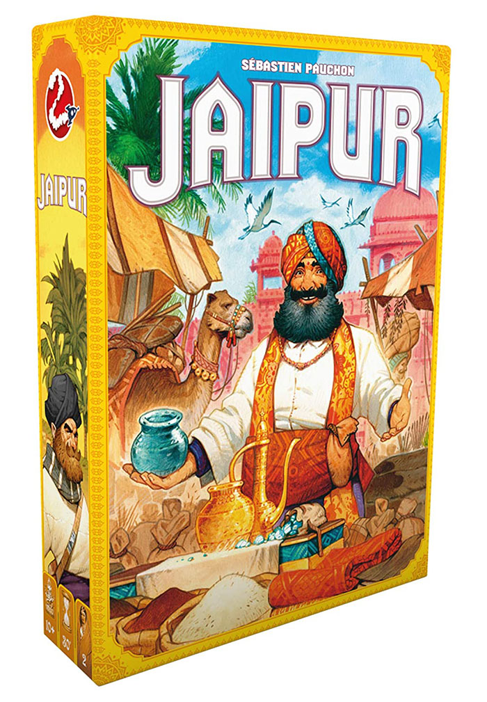 Jaipur board game box featuring colorful artwork of a merchant with camels, ideal for best board games on a night in.