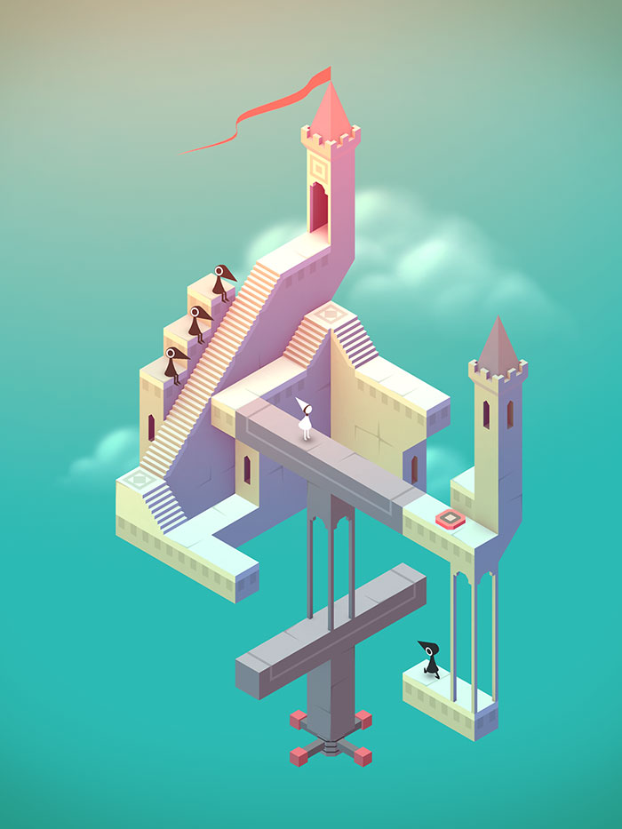 Colorful isometric puzzle mobile game scene with towers, stairs, and characters in a surreal architectural environment.