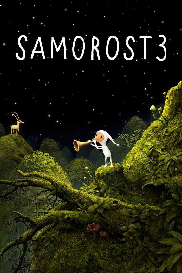 Samorost 3 character playing a horn in a forest environment, featured in really good mobile games to download now.