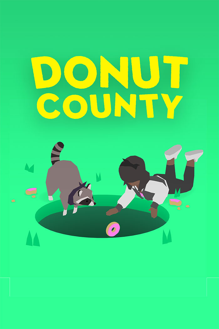 Donut County mobile game cover with cartoon raccoon and character reaching into a hole to grab a donut on green background.