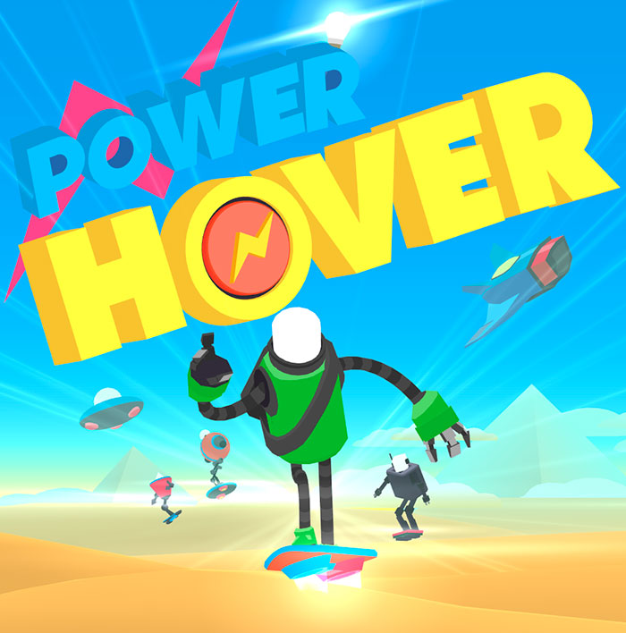 Colorful Power Hover game scene with a futuristic robot on a hoverboard in a desert landscape for mobile games.