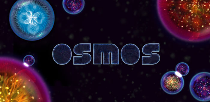 Osmos mobile game logo surrounded by colorful glowing cells floating in a dark space background.