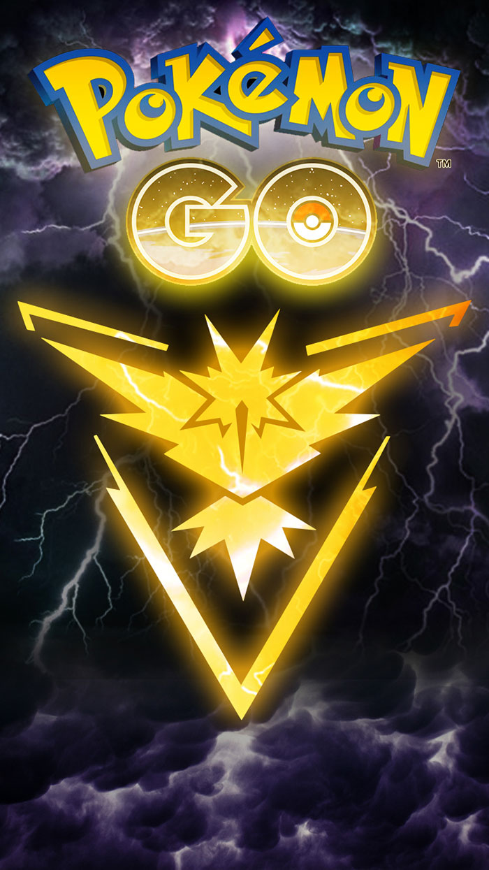 Pokemon Go logo with glowing yellow lightning team emblem against a stormy dark purple sky background for mobile games.