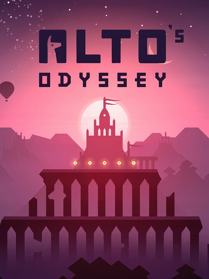 Alto's Odyssey game cover art featuring a silhouetted temple against a sunset sky, a top mobile game choice.