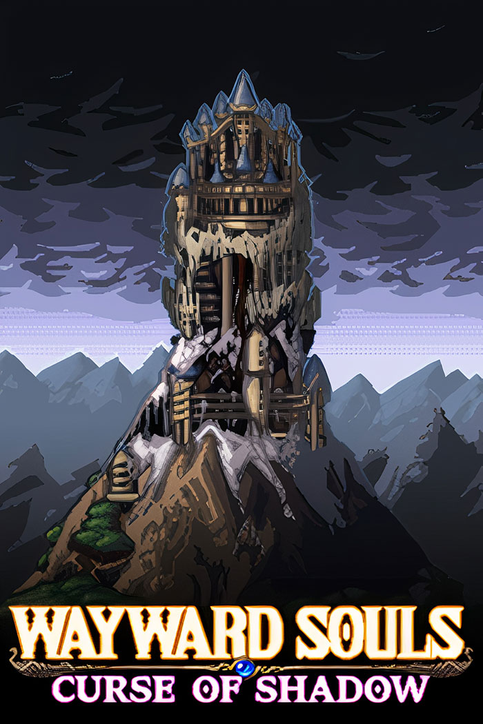 Mobile game Wayward Souls with a dark fantasy tower and mountainous landscape in the background.