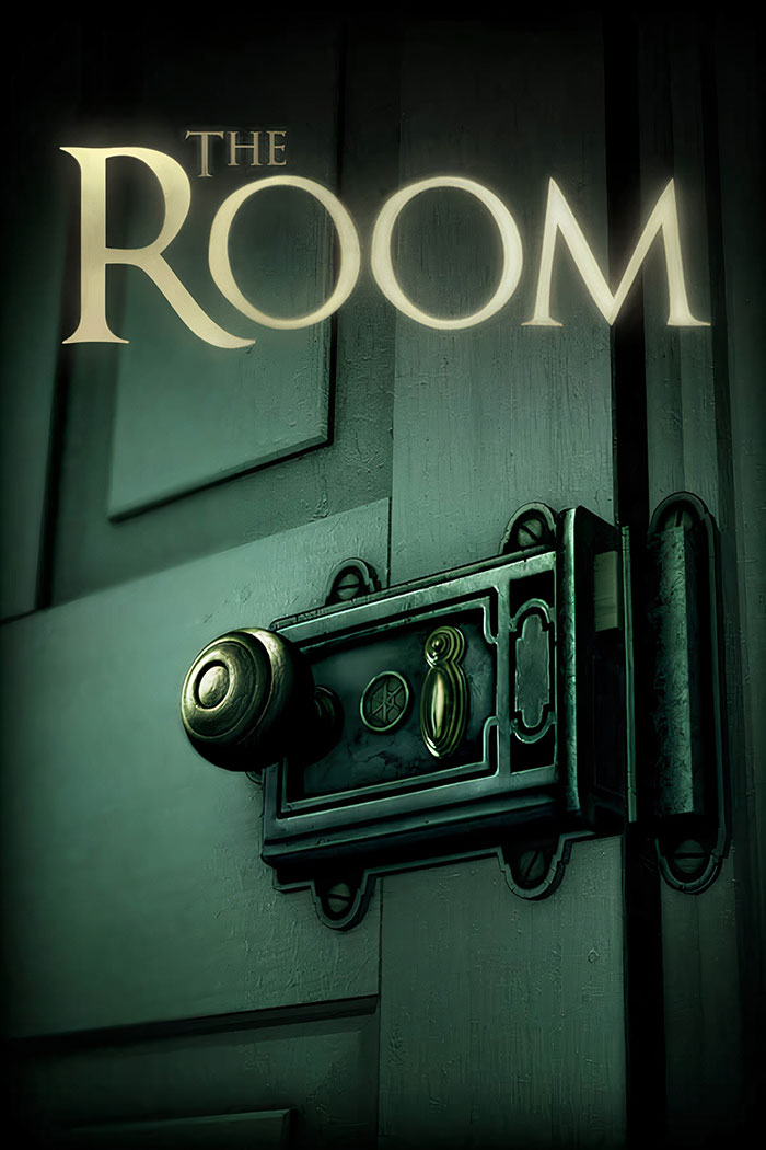 The Room game screen showing a close-up of an old-fashioned door lock and k**b on a green wooden door in a mobile game.