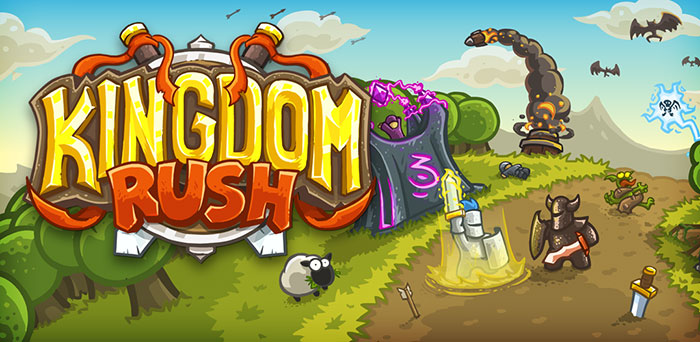 Colorful Kingdom Rush mobile game scene with fantasy characters, magical elements, and strategic gameplay visuals.