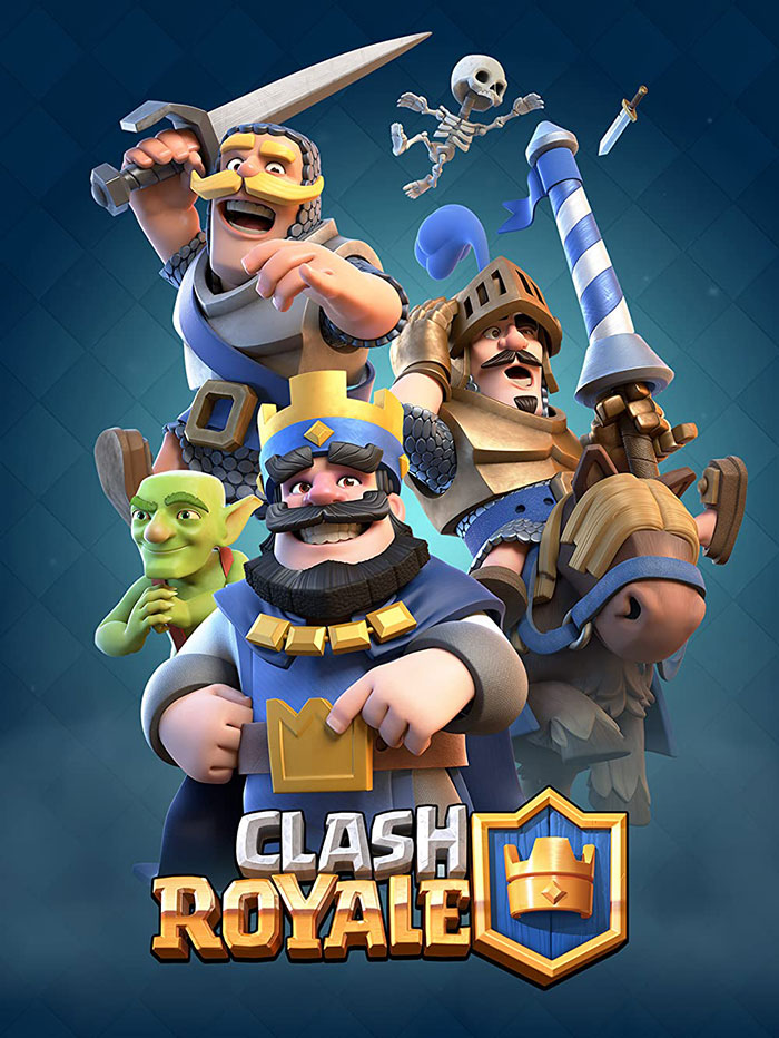 Clash Royale characters in dynamic poses with swords and armor, representing popular mobile games gameplay.