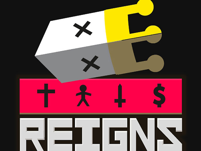 Reigns mobile game logo featuring a tilted crown with X eyes and symbolic icons on a red background.