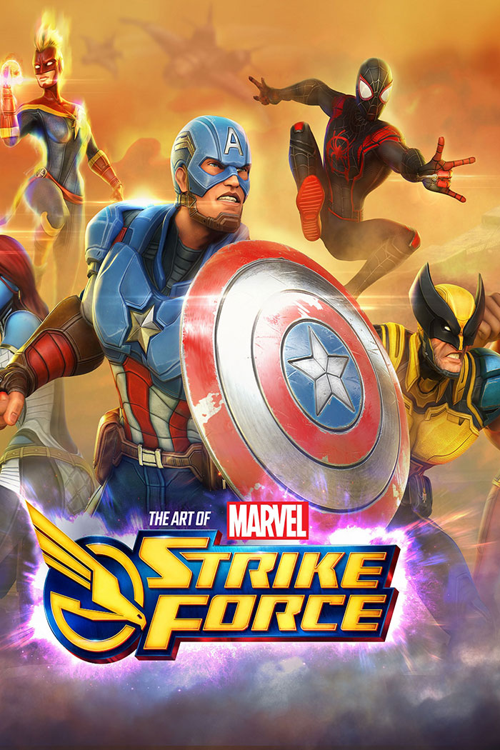 Marvel Strike Force characters including Captain America and Wolverine in dynamic poses from a popular mobile games lineup.