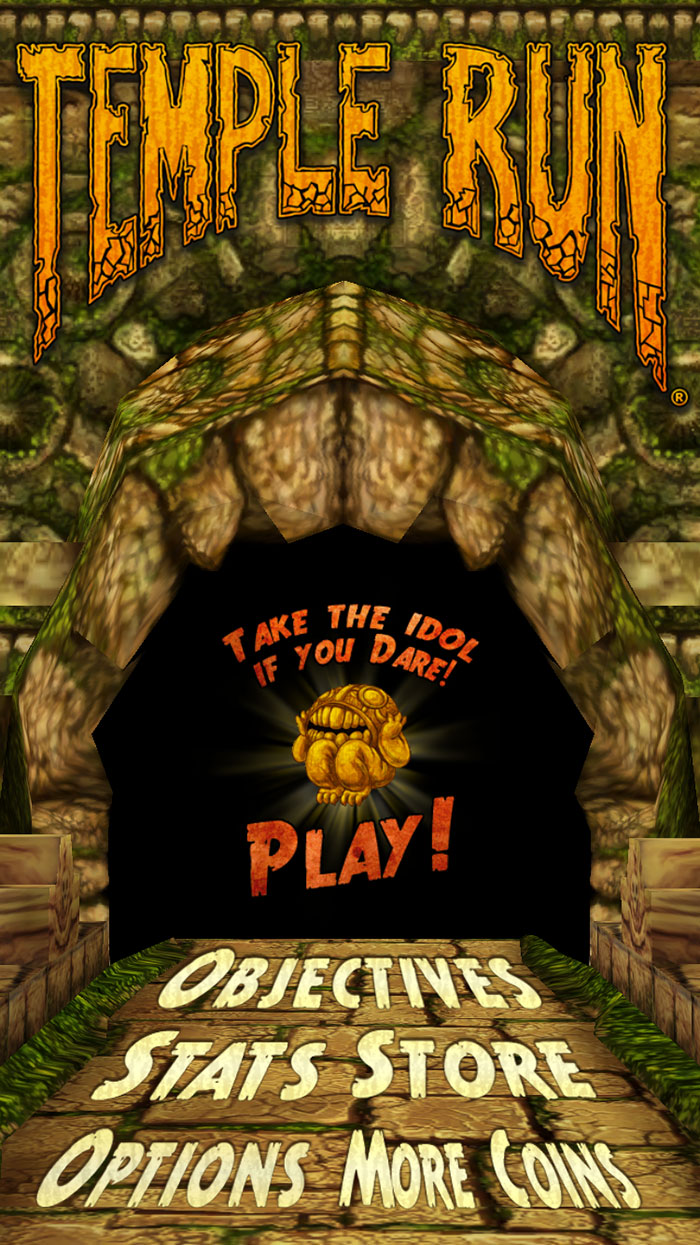 Temple Run mobile game screen showing play button and menu options for objectives, stats, and store in an adventure setting.