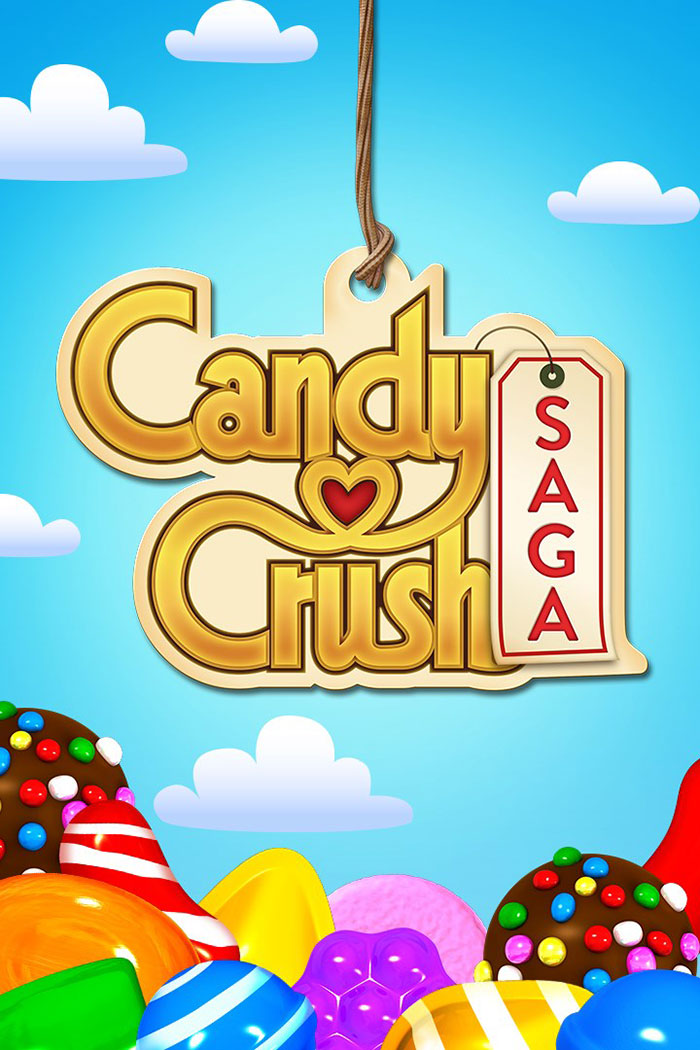 Candy Crush Saga logo with colorful candy pieces under a blue sky, representing popular mobile games to download.