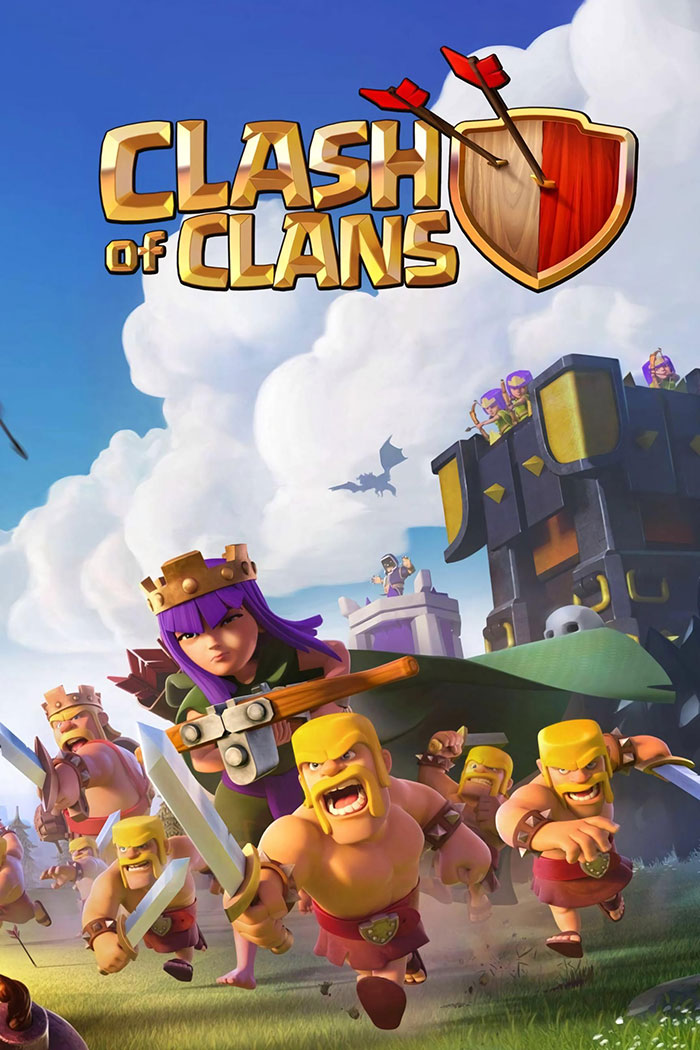 Clash of Clans characters charging from castle in a dynamic battle scene from popular mobile games download list.
