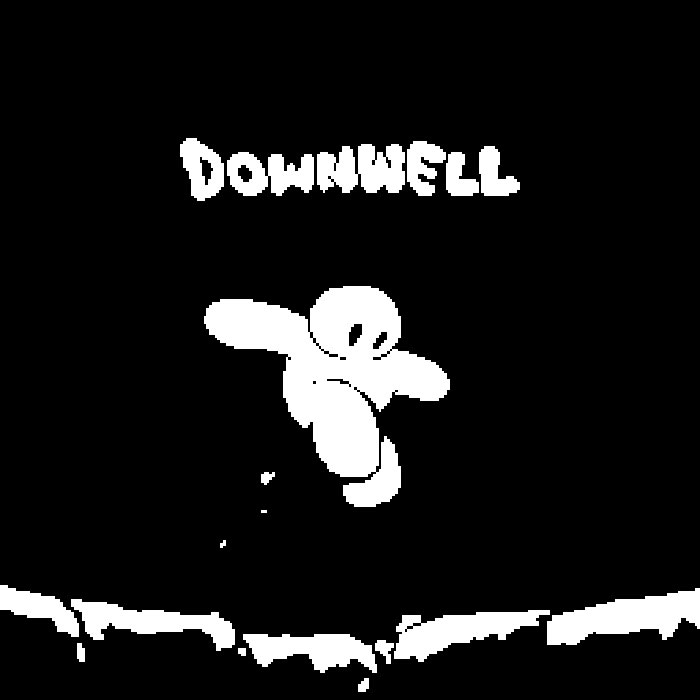 Pixel art character jumping in the mobile game Downwell, featured in really good mobile games to download right now.