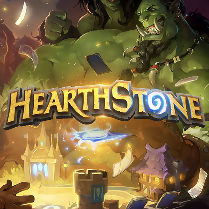 Colorful Hearthstone game logo with fantasy orc characters and magical cards, highlighting popular mobile games.