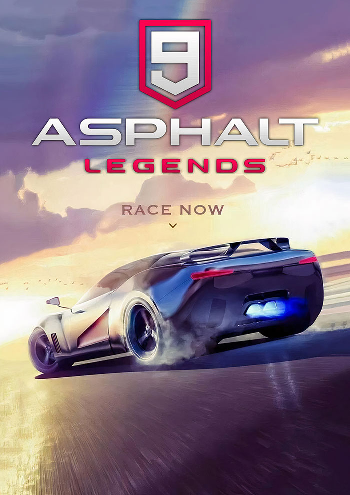 Asphalt Legends mobile game with a sports car drifting on a race track under a dramatic sunset sky view.