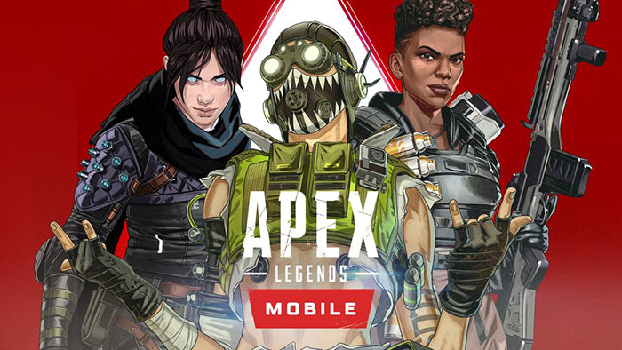 Three Apex Legends Mobile characters posing with weapons against a red background for mobile games download.