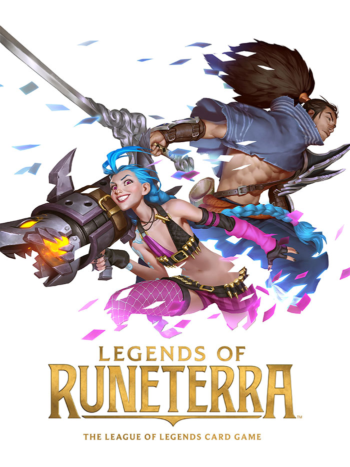 Characters from Legends of Runeterra mobile game in dynamic action poses with weapons and colorful effects.