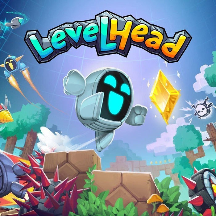 Colorful Levelhead mobile game character jumping to collect a yellow gem in a vibrant platform game scene.