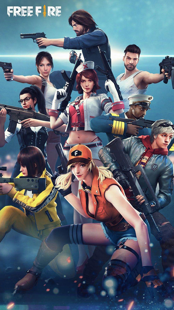 Group of diverse characters armed and ready in a popular free fire battle scene from top mobile games to download now.