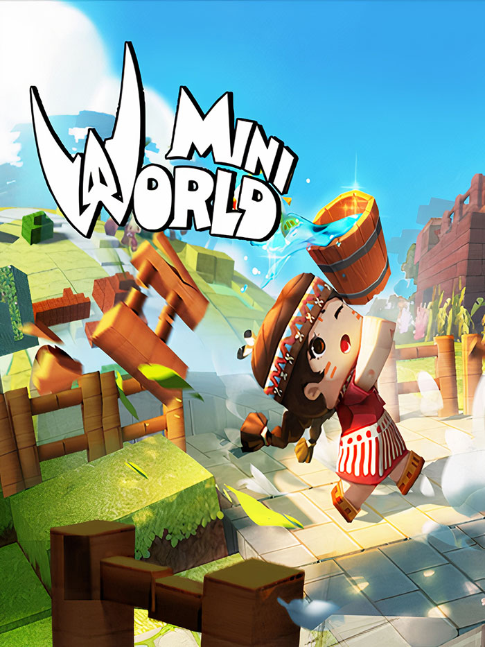 Mini World mobile game character pouring water in a colorful block-style game environment for mobile games download.