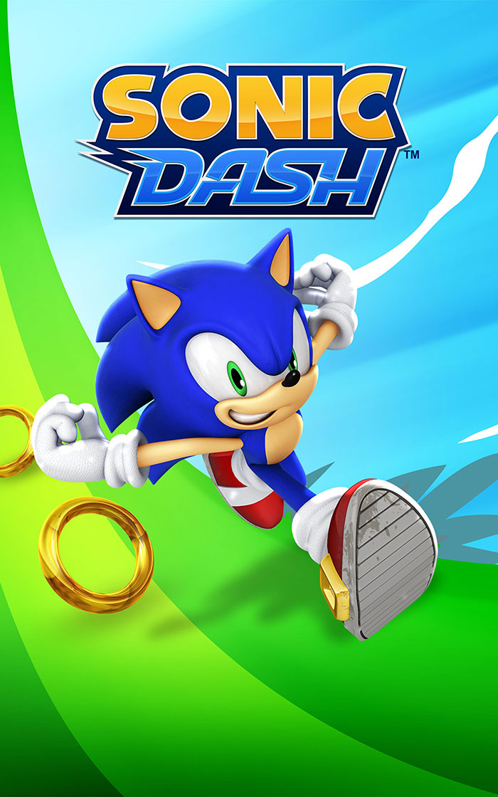 Sonic the Hedgehog running with golden rings in a colorful background representing popular mobile games.