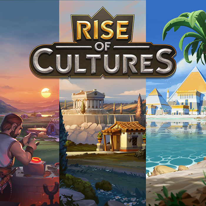 Rise of Cultures mobile game artwork showing ancient civilizations with a sunset, temples, pyramids, and a craftsman at work.