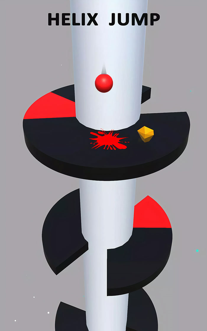 Red ball falling through a black and red helix tower in a popular mobile games challenge.
