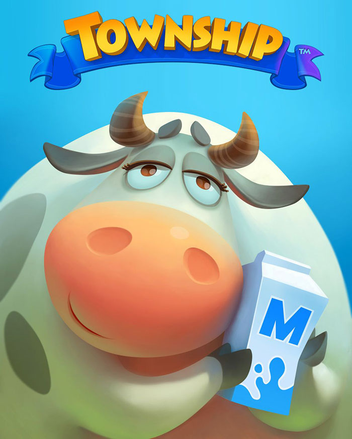 Cartoon cow holding a milk carton under the Township mobile games logo on a bright blue background.