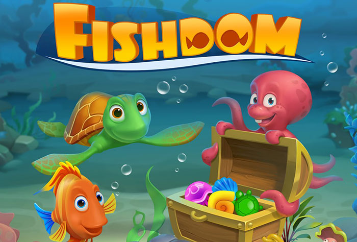 Underwater scene from a mobile game showing a turtle, fish, and octopus with treasure chest in a really good mobile games setting.