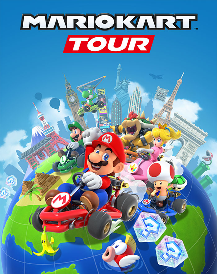 Mario Kart Tour mobile game featuring characters racing on a globe with famous landmarks in the background.