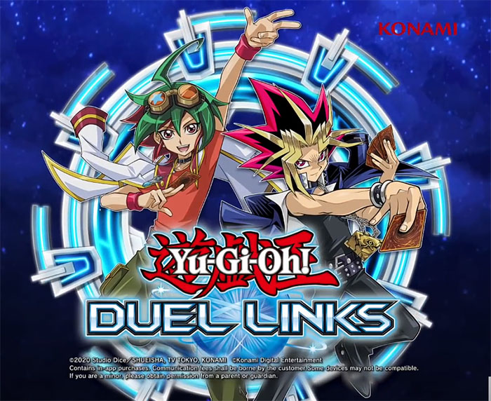 Yu-Gi-Oh Duel Links mobile game characters in action with dynamic card duel and vibrant background design.