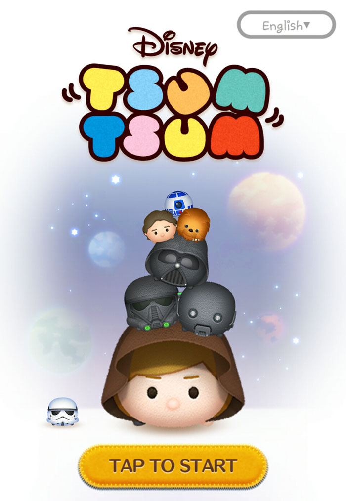Disney Tsum Tsum mobile game characters from Star Wars, colorful logo, and tap to start button on a galaxy background.