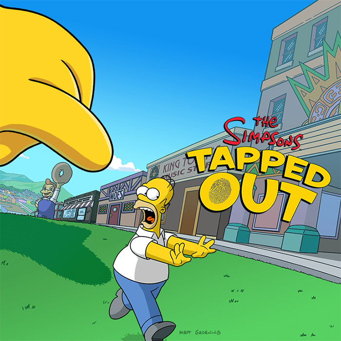 The Simpsons Tapped Out mobile game gameplay scene with characters and town buildings outdoors.