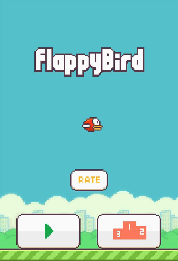 Flappy Bird game screen showing pixelated bird character with play button and game rating in a mobile games interface.