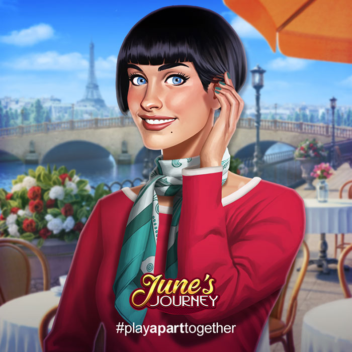 Stylized female character in red with scarf playing one of the really good mobile games on a scenic outdoor cafe background.