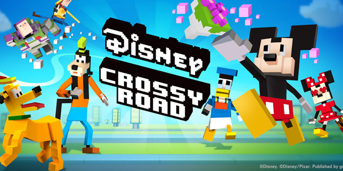 Disney Crossy Road characters in a colorful pixel art style illustrating popular mobile games to download now.