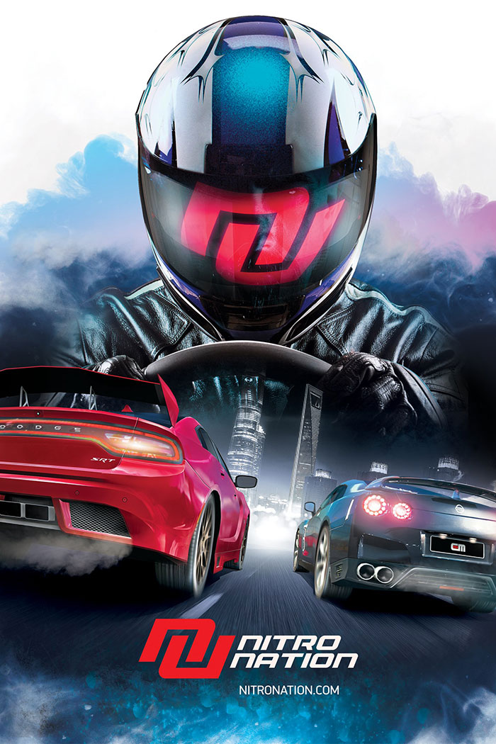 Racing helmeted driver and two sports cars speeding on a city street in a popular mobile game Nitro Nation.
