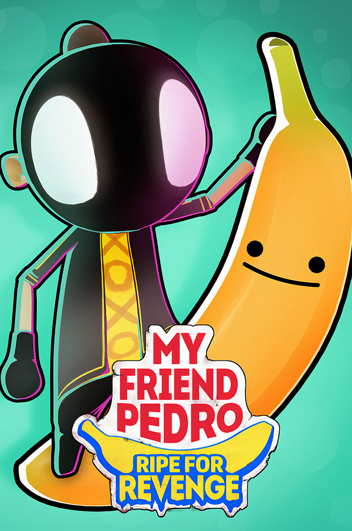 Character from My Friend Pedro holding a smiling banana in an action pose from popular mobile games collection.