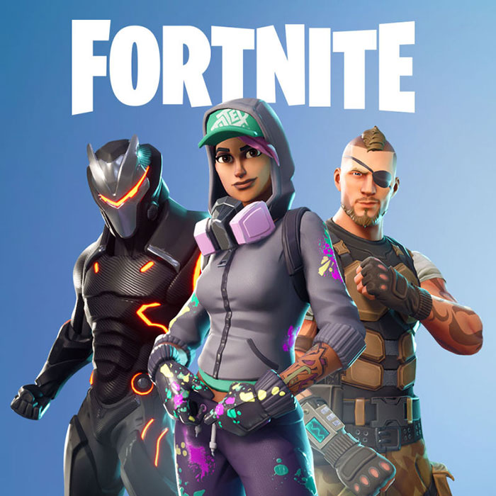 Three Fortnite characters posing dynamically with a blue background, representing popular mobile games to download.